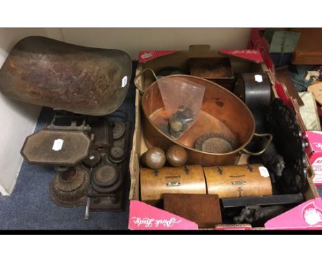 A set of kitchen scales, a mantel clock, a tea caddy, assorted games, two pairs of riding boots, a Tolework tray, and other i