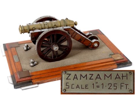 A scale model of a Zamzamah gun, also known as Kim's Gun, scale 1 inch:1.25 ft, mounted on a wooden plinth, 32 cm wide  See i