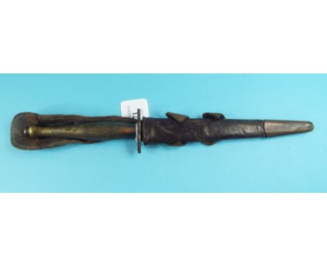 A Fairbairn & Sykes style fighting knife, the guard stamped A (or N, or possibly even a crow's foot??) B2, with a leather sca