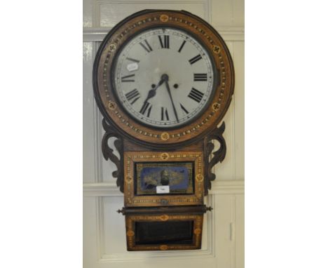 A drop dial wall clock, painted dial with Roman numerals, in an inlaid case, 72 cm high, and a cupboard, in the form of a dwa