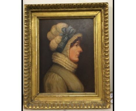 Continental school, late 19th century, a bust portrait of a lady wearing a bonnet with a blue scarf, oil on copper, 39 x 29 c