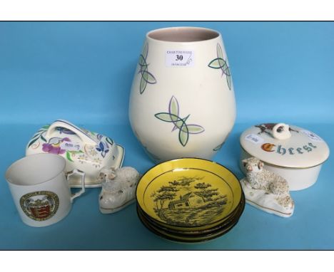 A Poole Pottery vase, X/PT, 20 cm high, a similar cheese dish, a W H Goss cheese dish and cover, and other ceramics (box) Con