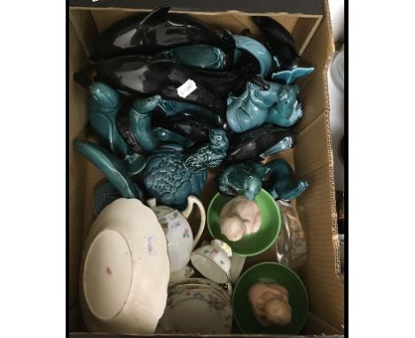 Assorted Poole Pottery blue glazed animals, a pair of Heubach piano babies, a Royal Doulton part tea service, other ceramics 