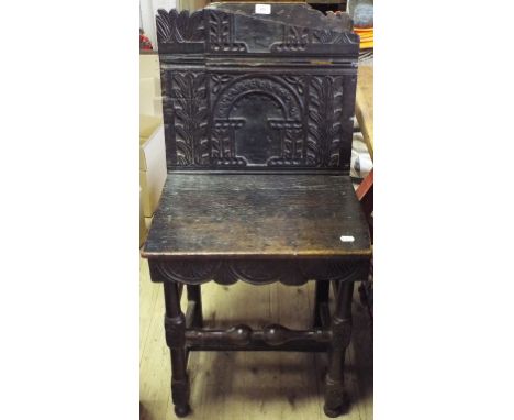 An oak Wainscot type chair, constructed from a coffer, a tray, a print, and a rug (4)