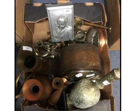 An oil lamp, a mantel clock, a suitcase, two chairs, other metalwares and items (qty)