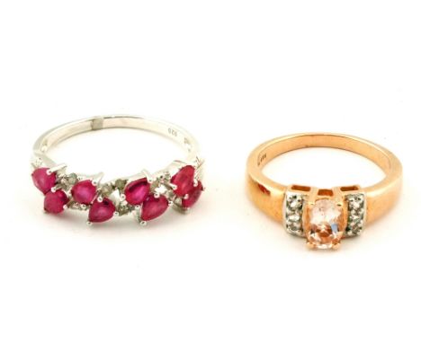 A Silver ring set with pear cut African rubies and one other set with Zambezia Morganite