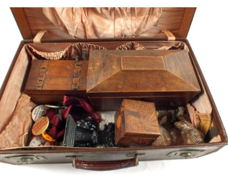 A leather case containing tea caddy, boxes etc