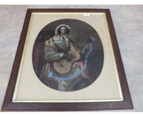 A framed oil of a lady playing a guitar and a print of a nude lady