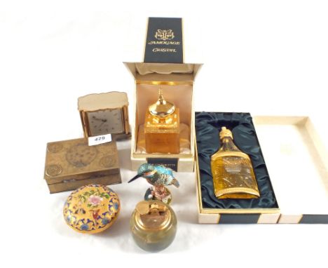 Two decorative bottles of Amouage toilet water, enamel bird box and other items