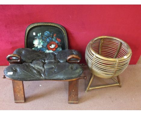 A Camel stool, basket jardinière and a Russian floral tin tray