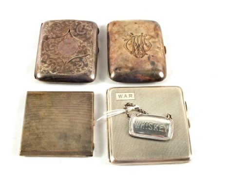 Three Silver cigarette cases, Vogue compact and Whiskey label