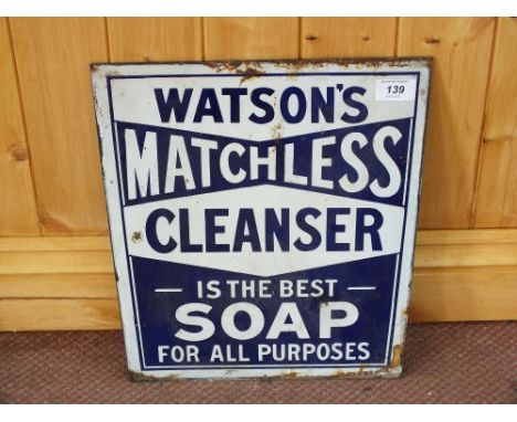 A blue and white double sided enamel sign for Watsons Matchless Cleanser, Nubolic Soap, 14" x 11"