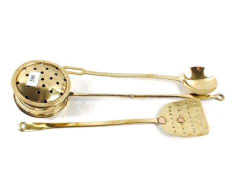 A 19th Century Brass fish slice, Brass ladle and a Brass chestnut roaster