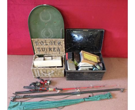 Three fishing rods and various tackle including Farlow, Mitchell reels, fly tying outfit etc and a bagatelle board