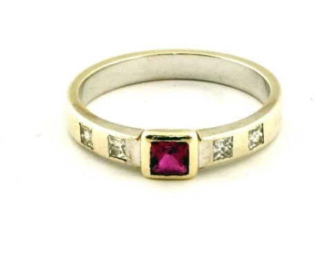 A 9ct White Gold Ruby and Diamond ring designed by Alice Rochester at Harriet Kelsall, size O