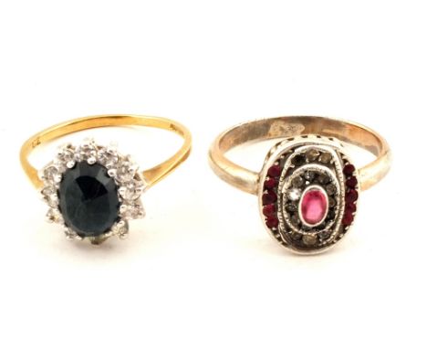 A 9ct Gold Sapphire and white stone ring and an unmarked pink and white stone set ring