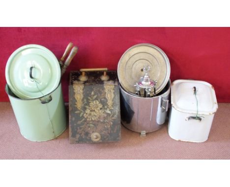 Two enamel bowls, chrome log bin and contents
