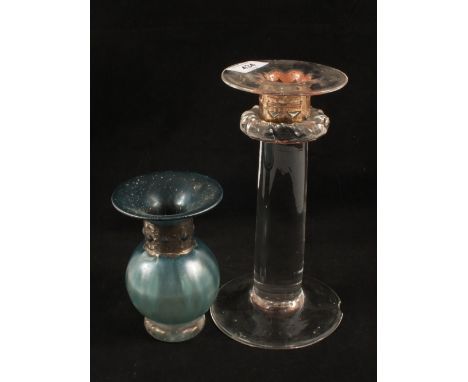 A signed glass vase and candlestick, 1992 and one base chipped