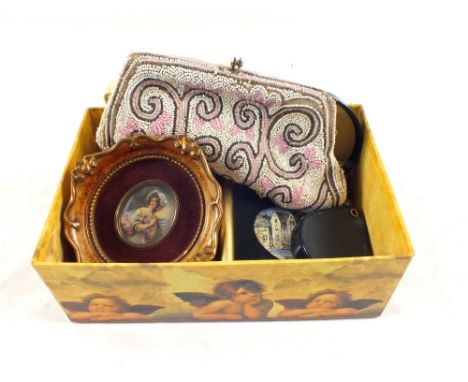 Various miniature enamel plaques, magnifying glasses etc