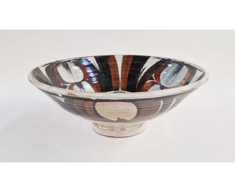 Alan Caiger-Smith MBE (1930-2020) Large wood fired earthenware bowl with brown and blue/black calligraphy brush work decorati