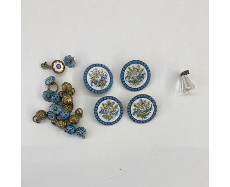 Four late 19th century French enamel and painted buttons with turquoise border, cloisonne circular ball buttons in turquoise,