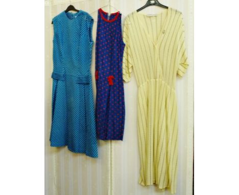 Assorted various vintage dresses 1960's and 70's to include a knitted yellow striped dress labelled Cojana Sport, a Rhona Roy