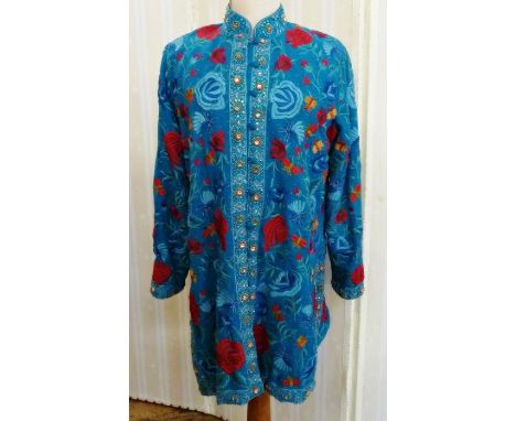 A Beatrice Von Treskow heavily embroidered and decorated three quarter length jacket, turquoise chiffon paste diamante bugle 