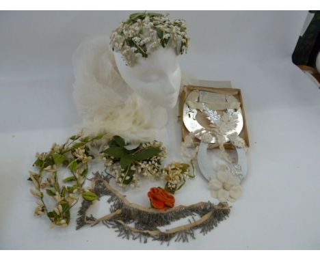 Vintage wedding hat, scalloped edges decorated with faux lilies of the valley, similar corsage, waxed flower pieces, a net we