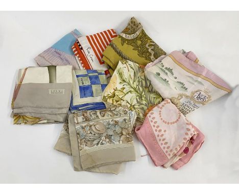 Quantity of vintage designer silk scarves&nbsp;to include Pierre Cardin, Pierre Balmain, Hermes 'Termes de Venerie' (game) (d
