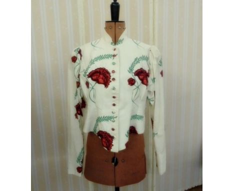 An Angela Holmes fitted cotton jacket with slight peplum bold carnation print on a white background fabric button fastening t