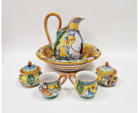 Christian Dior: two 'Majolique' pottery cups and a sugar bowl, circa 1960's/70's, in the style of Montelupo pottery (17th cen