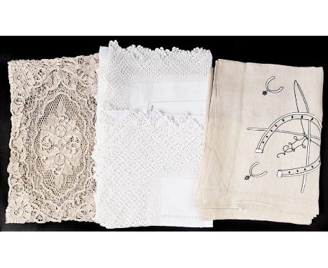 Vintage table linen to include a large white linen table cloth/bedcover, with white embroidered detail, smaller linen table c