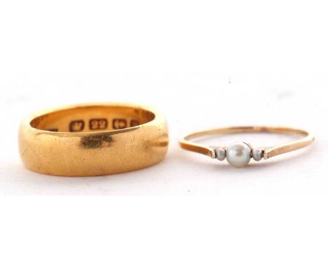 A 22ct wedding band, Birmingham 1900, with personal inscription to inner band, size J, 8.0g, together with an unmarked yellow