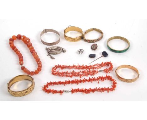 A quantity of mixed jewellery to include two coral branch necklaces, agate bead necklace, micro mosaic bracelet and brooch, m