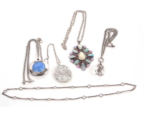 A quantity of silver jewellery to include a silver watch chain with a pale blue guilloche enamel and silver pill pot, Birming