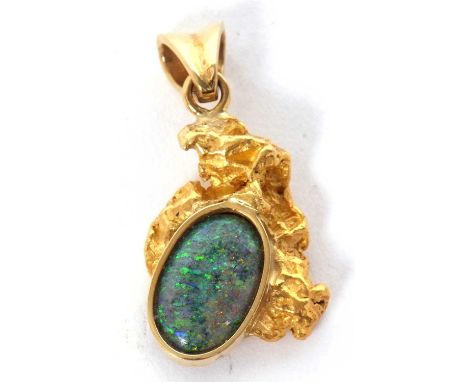 A boulder opal pendant, the oval boulder opal cabochon, collet mounted with open back, set asymetrically to an unmarked gold 