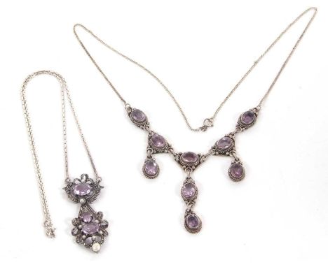Two amethyst necklaces, the first an amethyst, cultured pearl and marcasite necklace, stamped 925 to reverse, 5.5cm long, on 