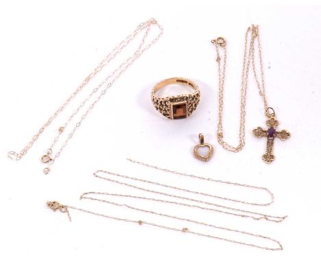 A quantity of 9ct gemset ring, stamped 375 (other marks indistinct), an amethyst set cross pendant and 9k chain, and an opal 