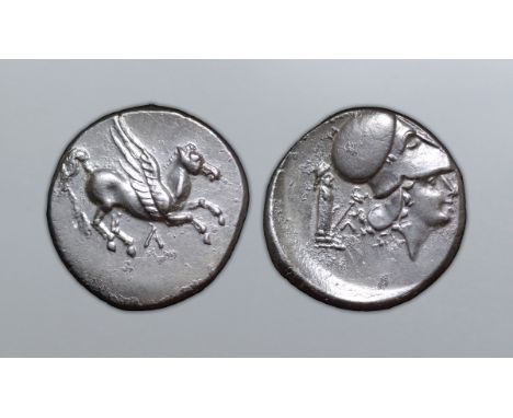 Akarnania, Leukas AR Stater. Circa 350 BC. Pegasos flying right; ? below / Head of Athena right, wearing Corinthian helmet; i