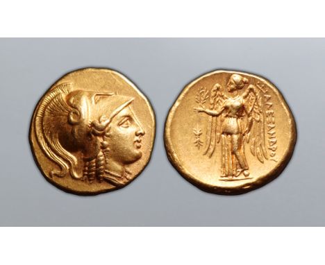 Kingdom of Macedon, Alexander III ‘the Great’ AV Distater. Amphipolis, circa 325-323 BC. Head of Athena right, wearing triple