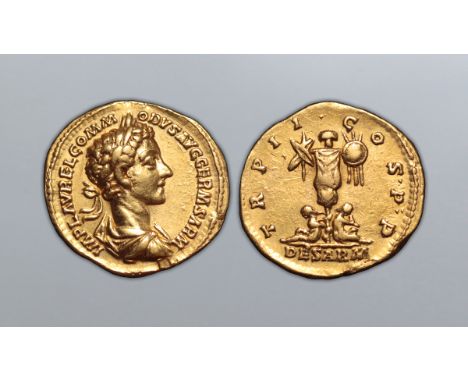 Commodus AV Aureus. Rome, AD 177. IMP L AVREL COMMODVS AVG GERM SARM, laureate and draped bust right / TR P II COS P P, two c