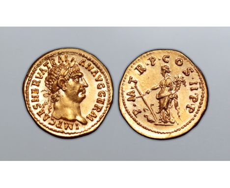 Trajan AV Aureus. Rome, AD 98-99. IMP CAES NERVA TRAIAN AVG GERM, laureate head right / P M TR P COS II P P, Fortuna standing