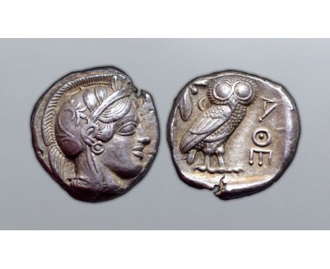 Attica, Athens AR Tetradrachm. Circa 454-404 BC. Head of Athena right, wearing earring, necklace, and crested Attic helmet de