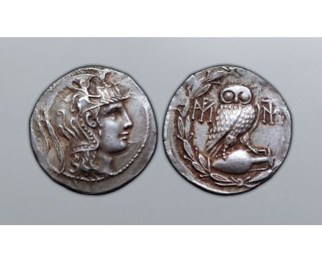 Attica, Athens AR New Style Tetradrachm. Issue of Sulla, circa 86-84 BC. Helmeted head of Athena right / Owl standing right o