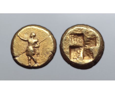 Mysia, Kyzikos EL Hekte. Circa 450-400 BC. Hellenistic prince, wearing armour with cloak behind and holding transverse sceptr