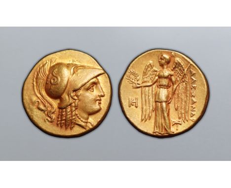 Kingdom of Macedon. Alexander III 'the Great' AV Stater. Miletos, circa 323-319 BC. Head of Athena right, wearing triple-cres