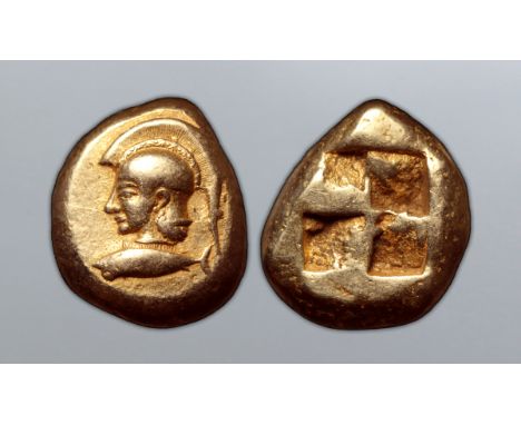 Mysia, Kyzikos EL Stater. Circa 500-450 BC. Head of Athena to left, wearing crested Attic helmet, base of crest decorated wit