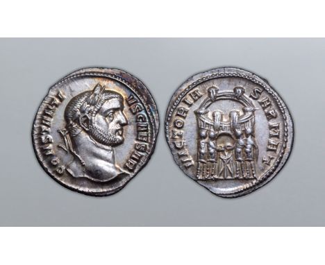 Constantius I, as Caesar, AR Argenteus. Ticinum, circa AD 294. CONSTANTIVS CAESAR, laureate head right / VICTORIA SARMAT, tet
