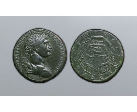 Trajan Æ Sestertius. Rome, AD 113. IMP CAES NER TRAIANO AVG GER DAC P M TR P COS VI P P, laureate, draped and cuirassed bust 