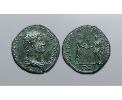 Hadrian Æ Sestertius. Rome, AD 134-138. HADRIANVS AVG COS III P P, bareheaded and draped bust right / FELICITAS AVGVSTI, Hadr